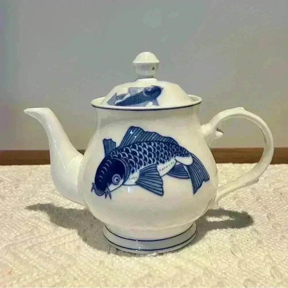 Chang’s White Jade Porcelain Blue Koi Teapot